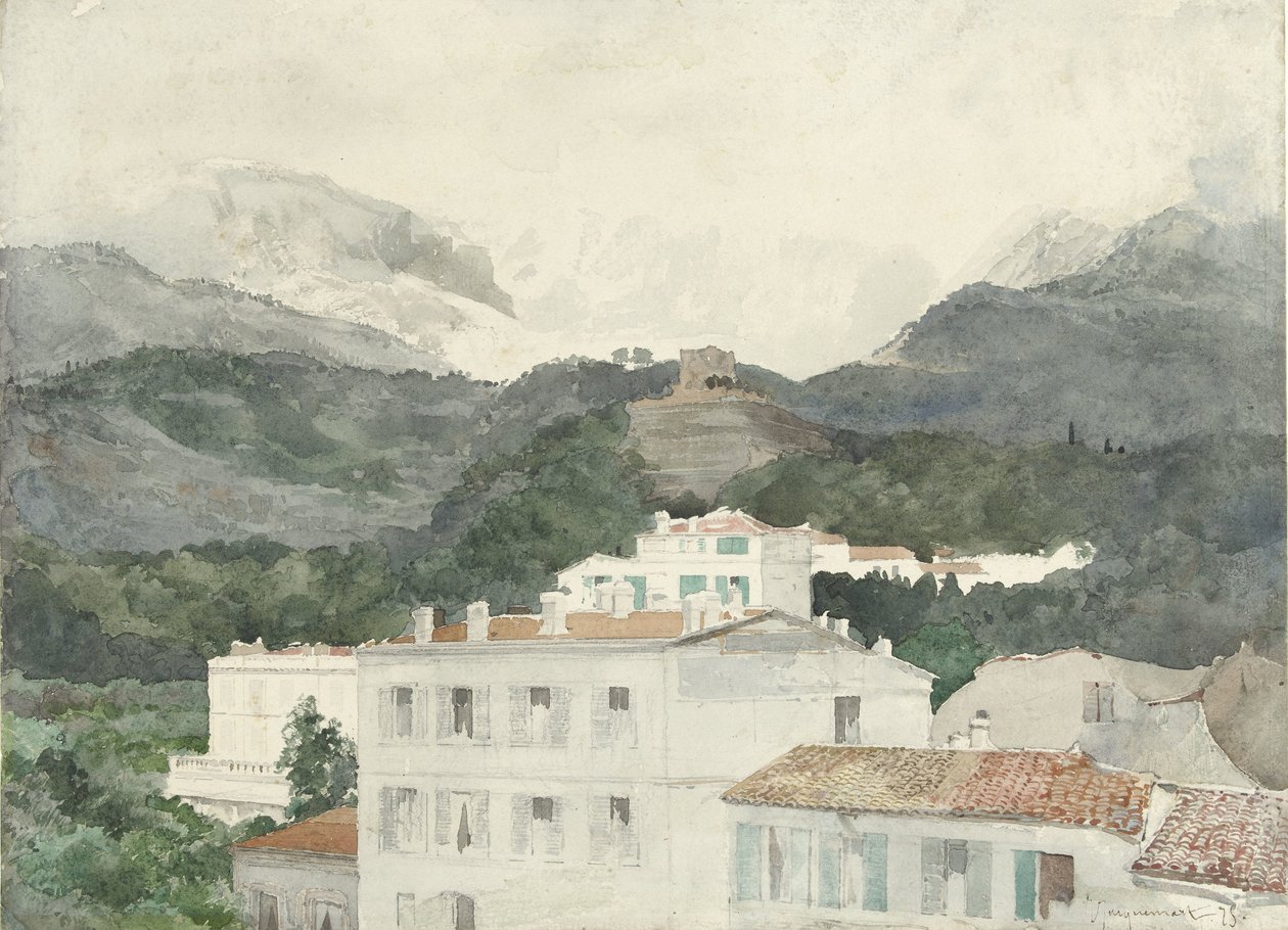 Hus på landet vid foten av bergen, höga berg framför, La Turbie av Jules Ferdinand Jacquemart