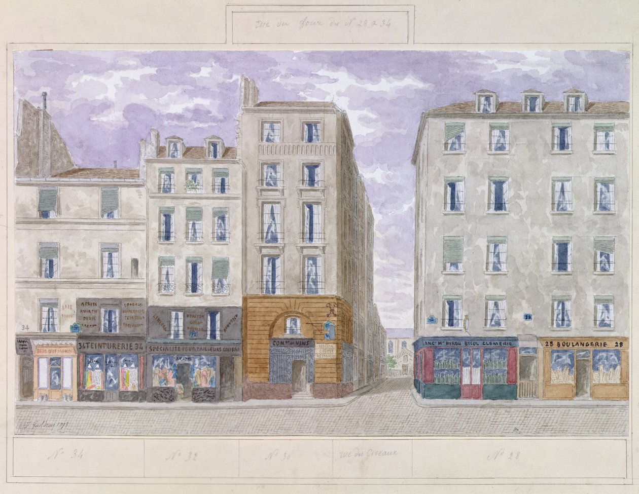 No.28 to No.34 Rue du Four, Paris, Frankrike, 1893 (wc på papper) av Jules Gaildrau
