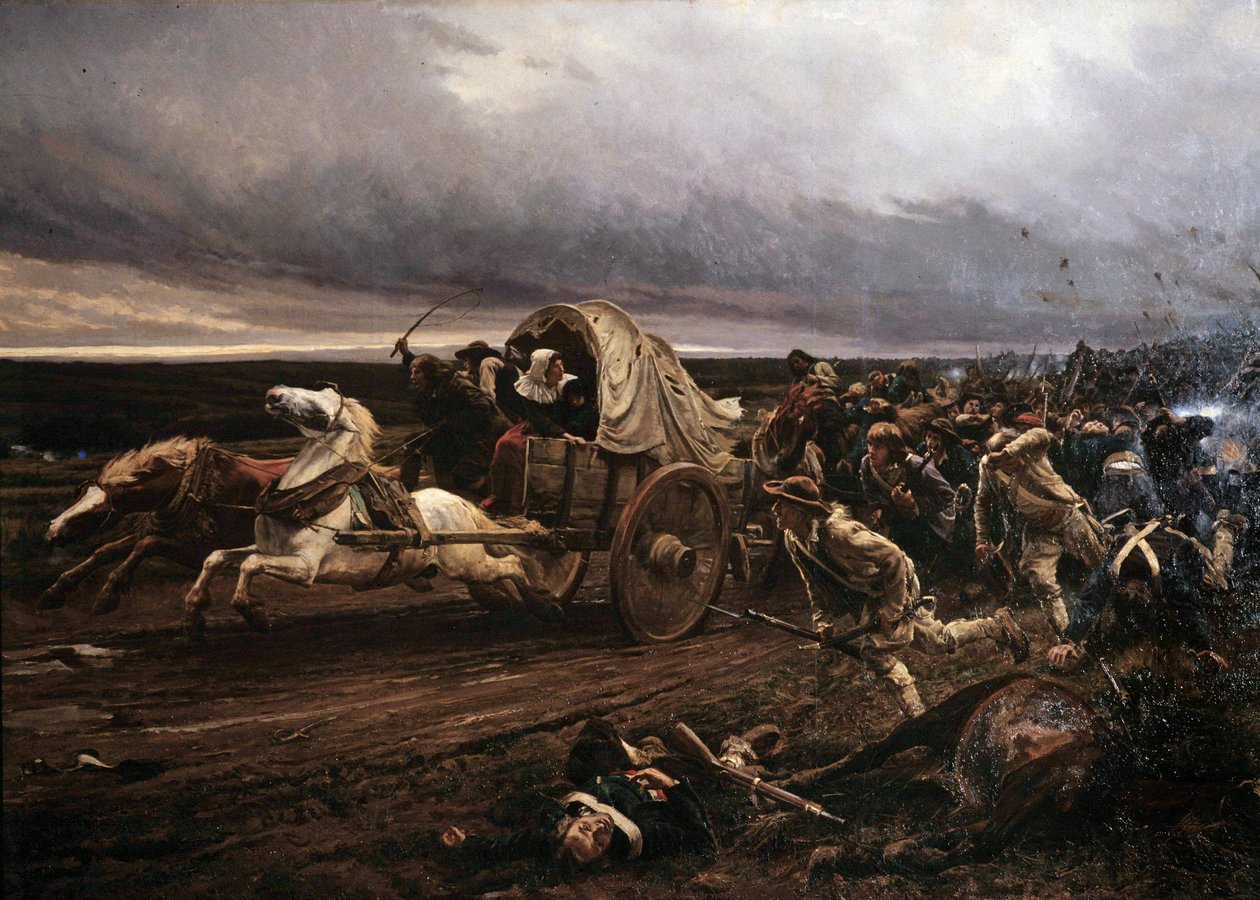 När Choletupproret avleddes beväpnat i Vendee i mars 1793, tillrättavisat i oktober av konventet och de republikanska arméerna, drog de "vita" sig tillbaka mot Loire. Målning av Jules Girardet (1856-1938) av Jules Girardet