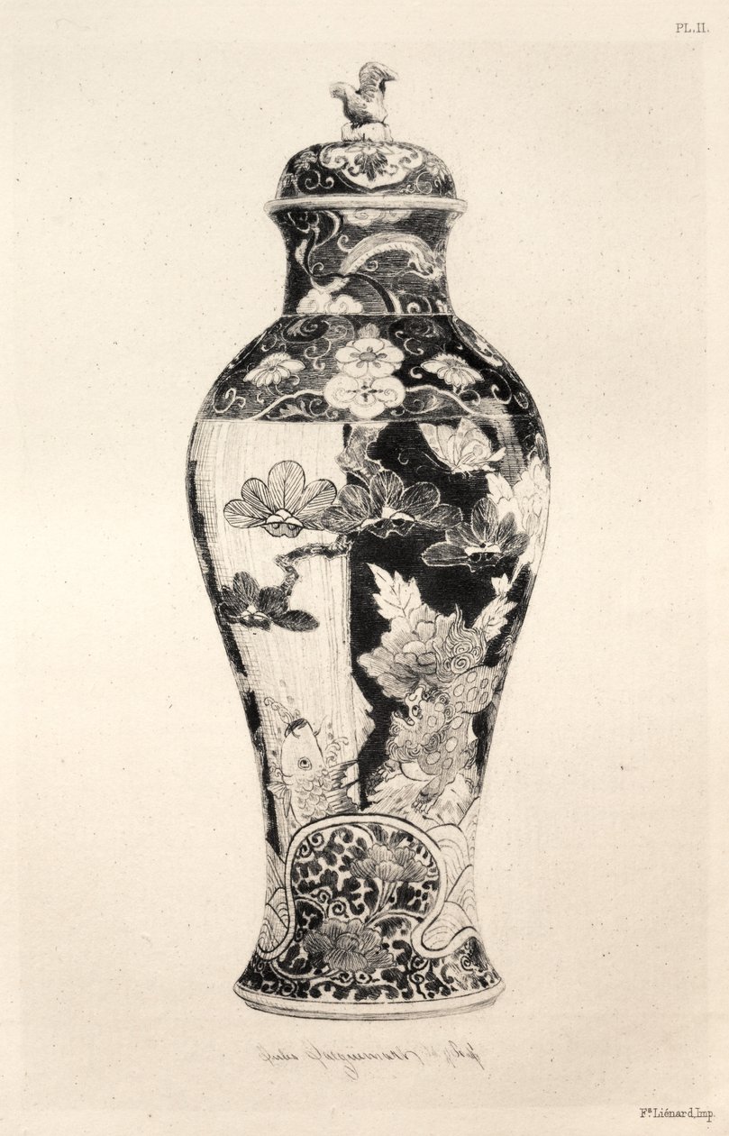 Den keramiska konstens historia: En deskriptiv och filosofisk studie av keramiken under alla tider och av alla nationer: Japan: Familjen Chrysanthemo-Paeonian. -Jar, "Potiche", med hunden Fo och en karp som hoppar upp ur vattnet (plansch III) av Jules Jacquemart