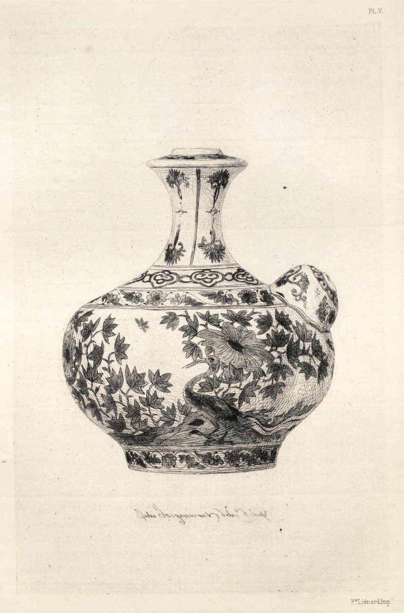 Den keramiska konstens historia: En beskrivande och filosofisk studie av keramiken under alla tider och av alla nationer: Persien: Mjukt porslin - Gargoulette, dekorerad med Simorg (plansch VI) av Jules Jacquemart
