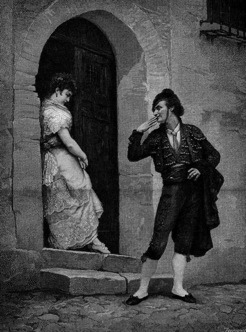 Starten på tjurfäktaren för loppet. 1800-talet. Gravyr efter målningen av Rougeron (Jules James Rougeron av Jules James Rougeron