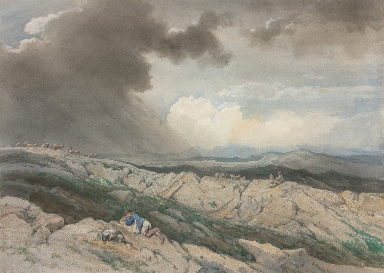 Landskap med herdar, ca 1869 (akvarell med gouache, svartkrita och grafit ) av Jules Joseph Augustin Laurens