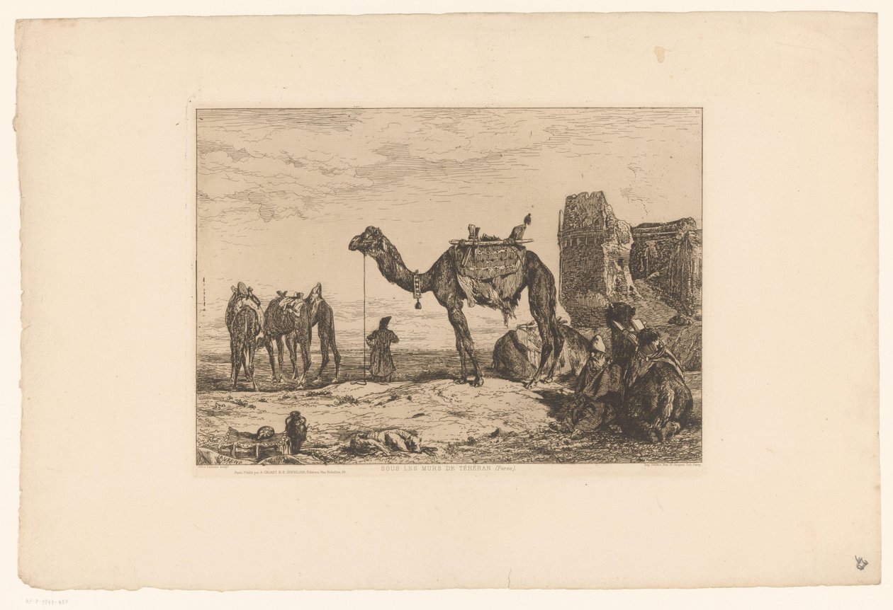 Landskap med kameler på ruin Sous les murs de Téhran (Perse) (titel på objekt) av Jules Joseph Augustin Laurens
