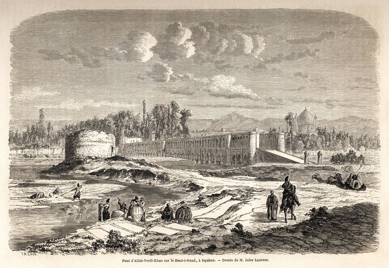 Bron Allah Verdi Kahn, erige omkring 1608, i Isfahan (eller Isfahan) (Iran), är både en övergångspunkt för att korsa floden Zend e Roud, men också en damm för att reglera flodens lopp, med en Talar, eller kiosk av speglar, där den persiske härskaren kunde  av Jules Joseph Augustin Laurens
