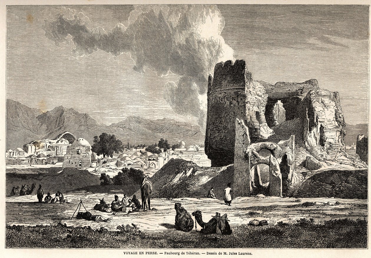 Teherans förorter (dagens Iran). Teckning av Jules Laurens (1825-1901), för att illustrera Arthur Gobineaus resa till Persien från 1855 till 1858. Gravyr i "" Le tour du monde, nouveau journal des voyages"" Paris av Jules Joseph Augustin Laurens