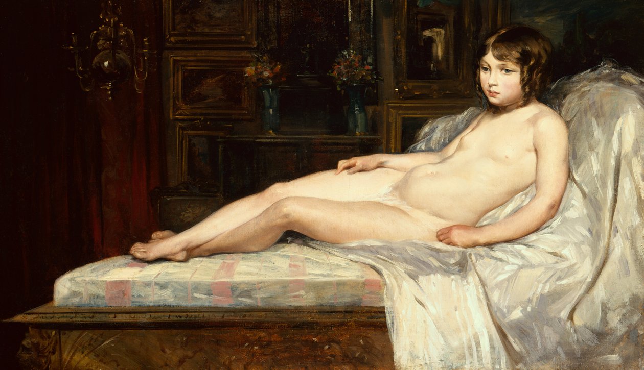 Young Nude Reclining (olja på duk) av Jules Joseph Lefebvre