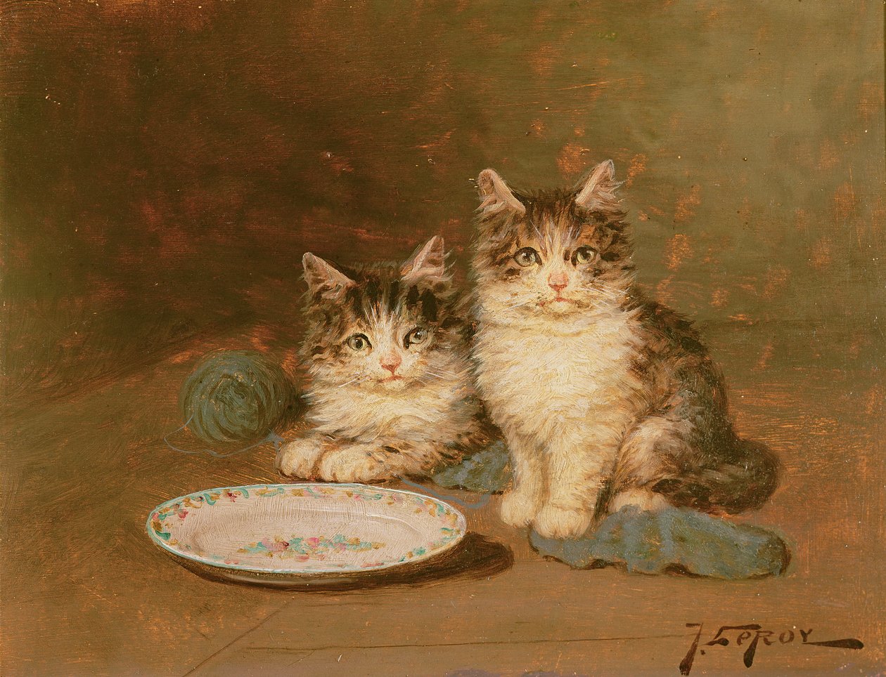 Två kattungar med en tom skål (olja på panel) av Jules Leroy