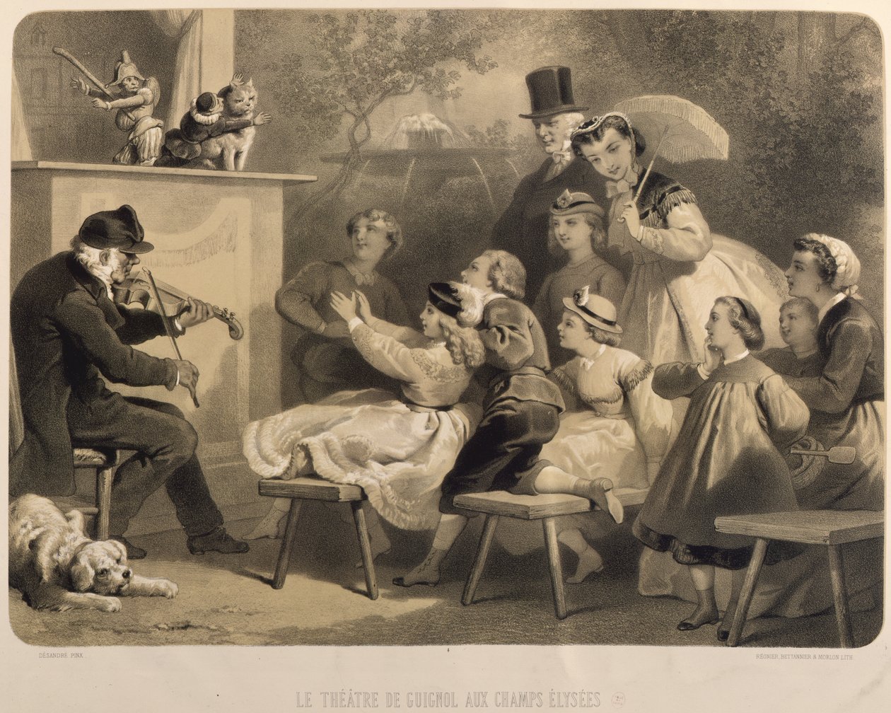 Teater Guignol, Champs-Elysees, graverad av Claude Regnier (fl.1840-66) Bettanier och Morion av Jules Marie Desandre