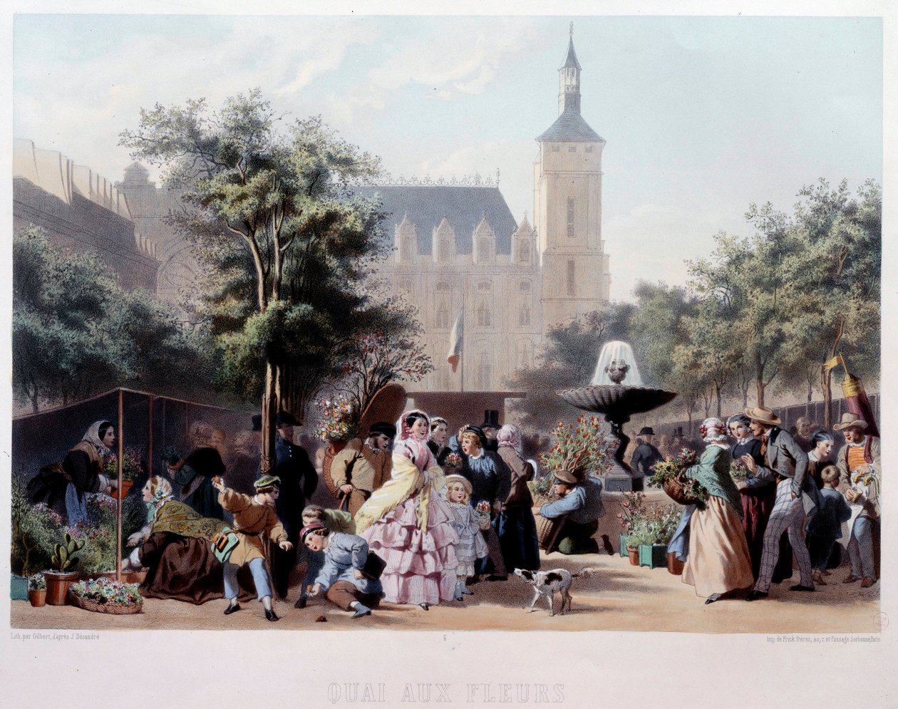 Utsikt över Quai aux Fleurs i Paris Vandringen på Ile de la Cite. Litografi av Jules Marie Desandre (1845-?) 1800-talets Paris, Musee Carnavalet av Jules Marie Desandre