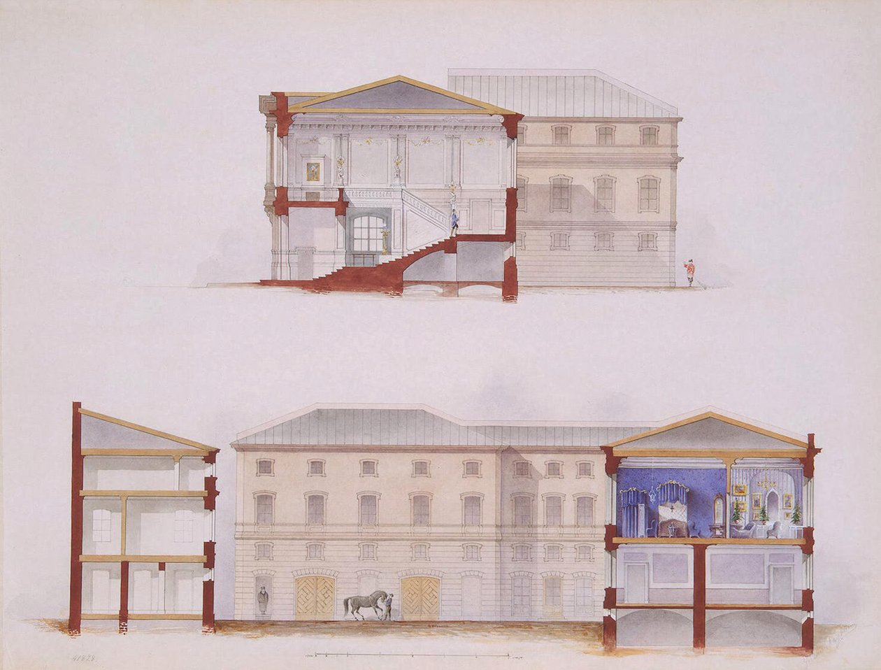 Stroganovpalatset i Sankt Petersburg. Plan över fasaden och sektionen, 1865 av Jules Mayblum
