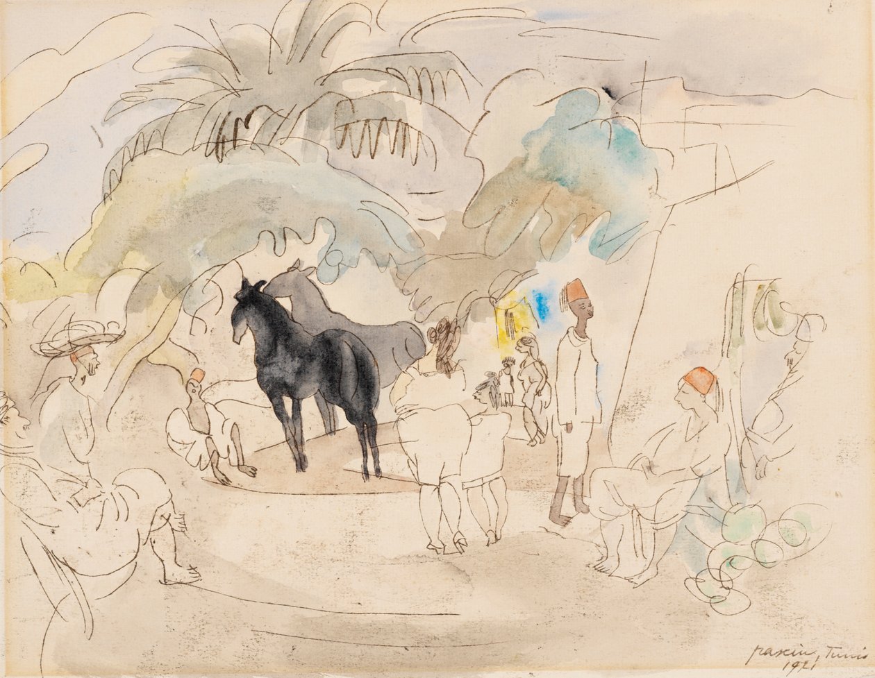 Figurer och två hästar i ett landskap, 1921 (wc på papper) av Jules Pascin