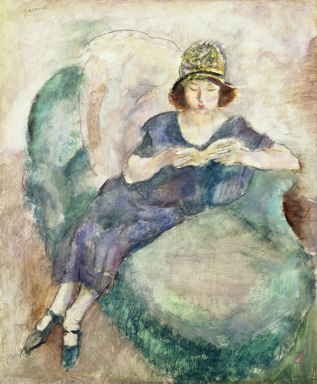 Flicka i blått läser på en soffa, 1926-27 av Jules Pascin