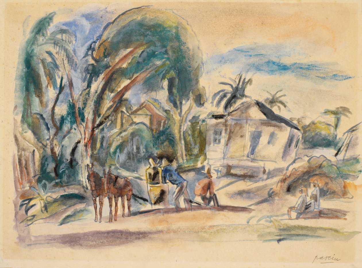 Landskap, hus och träd (wc på papper) av Jules Pascin