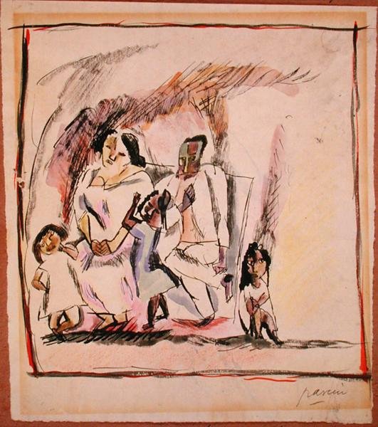 Mamma, pappa och tre barn (akvarell på papper) av Jules Pascin