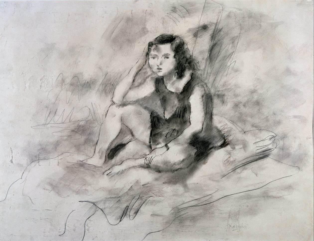 Sittande flicka (akvarell och bläck, ca 1910) av Jules Pascin
