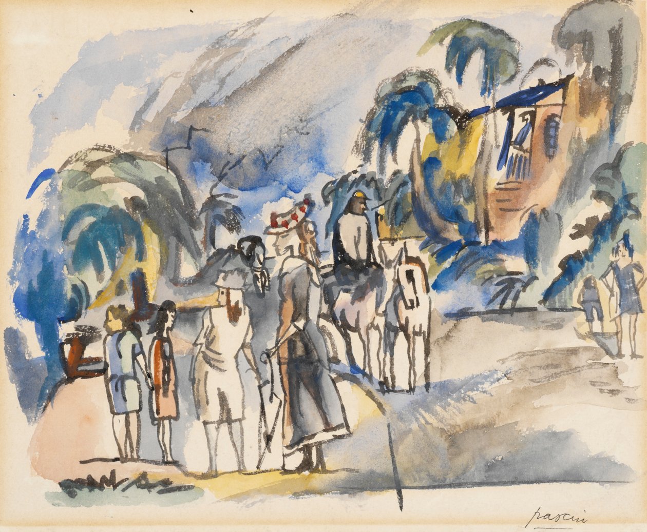Södra landskapet med mor och barn (wc på papper) av Jules Pascin