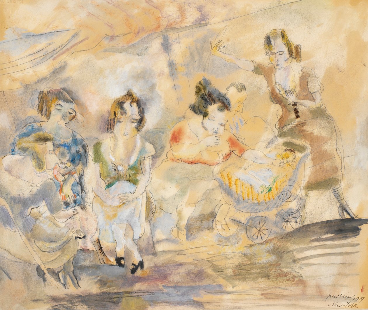 Kvinna med barnvagn, New York, 1919 (wc på papper) av Jules Pascin