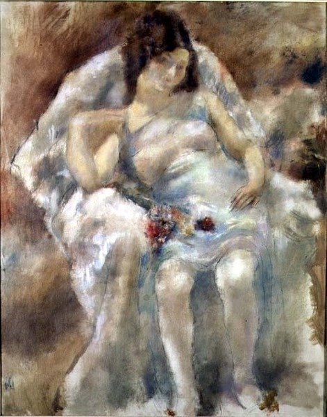 Ung kvinna sitter med blommor av Jules Pascin