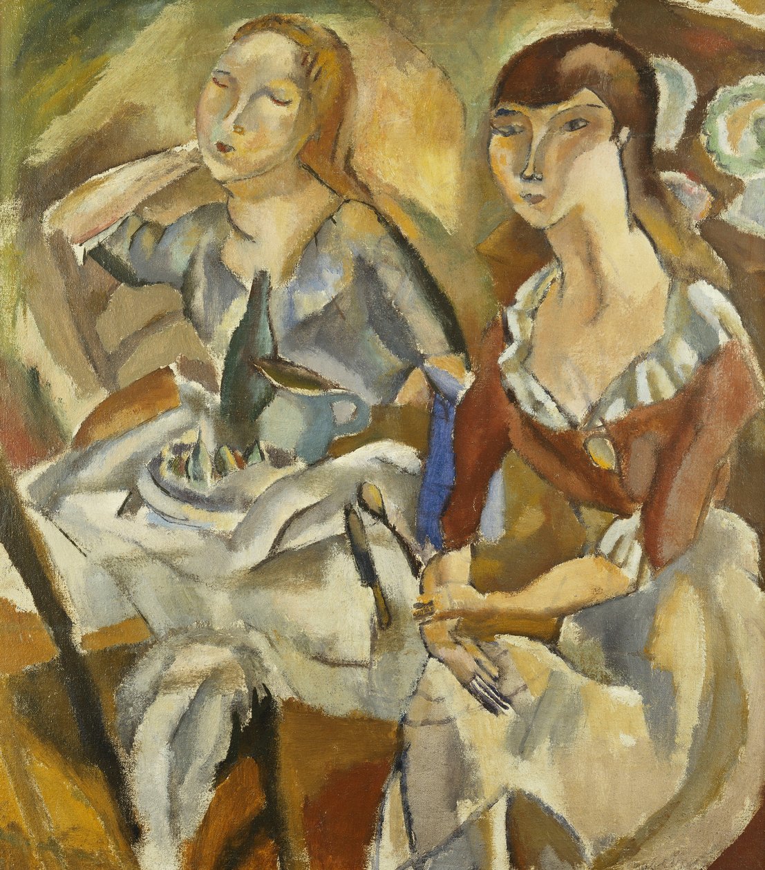 Unga kvinnor vid ett bord; Young Girls At Tables (Recto), ca 1915-1919 (olja på duk) av Jules Pascin