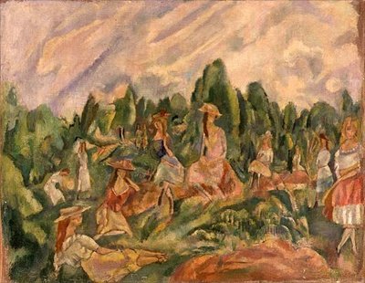 Unga kvinnor i ett landskap, ca 1920 (olja på duk) av Jules Pascin
