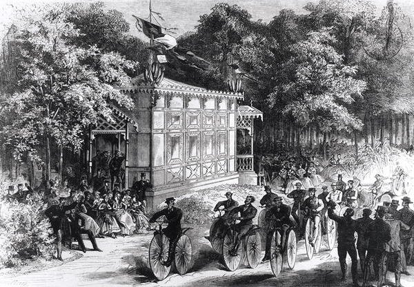 A Velocipede Race at Pre Catelan, ca 1860-70 (gravyr) (s/v foto) av Jules Pelcoq