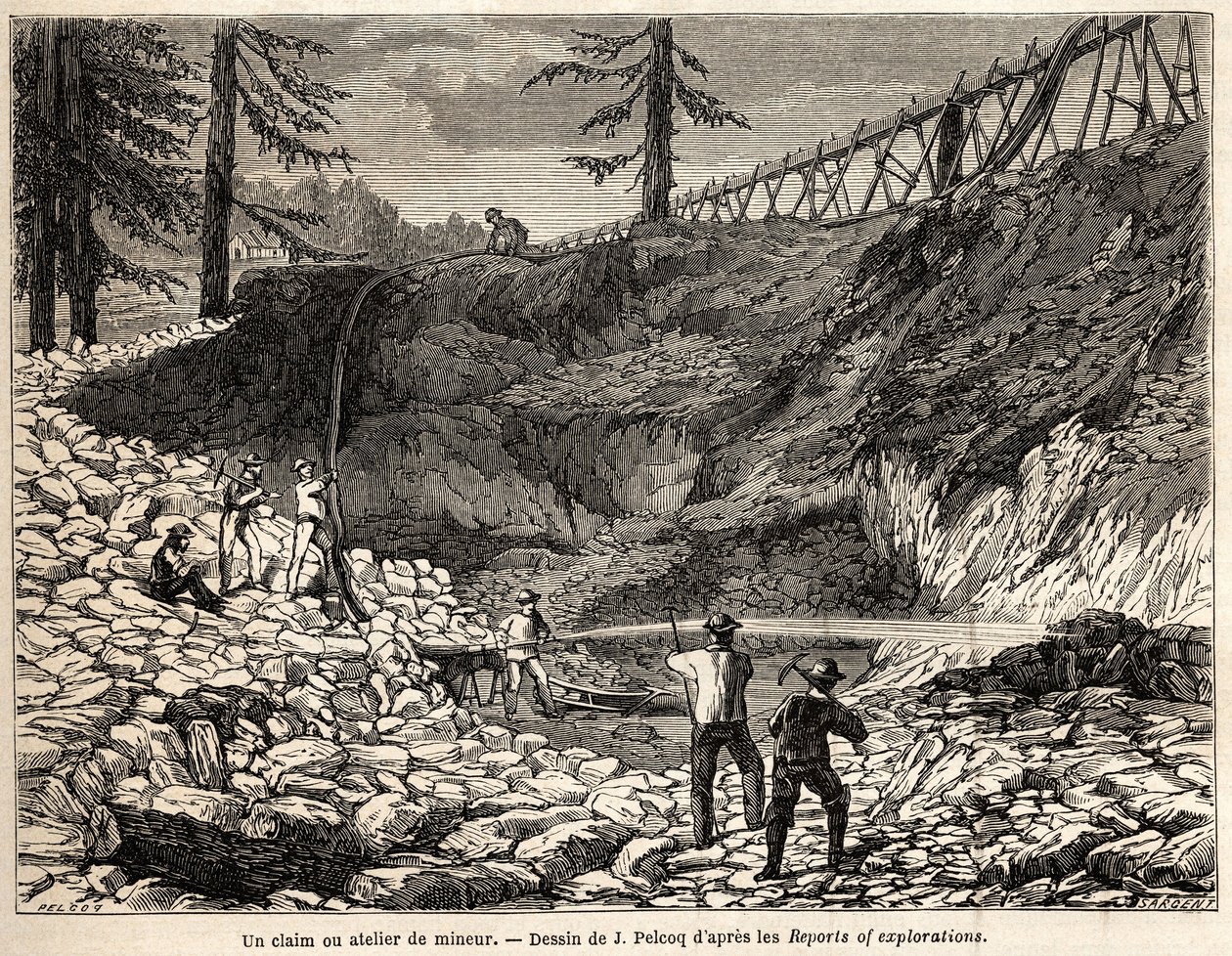 Ett gruvanspråk eller verkstad i Kalifornien, teckning av Jules Pelcoq, för att illustrera historien om Baron de Wogans resa till Kalifornien 1850-1852. Gravyr i "" Le tour du monde, nouveau journal des voyages"" Paris av Jules Pelcoq