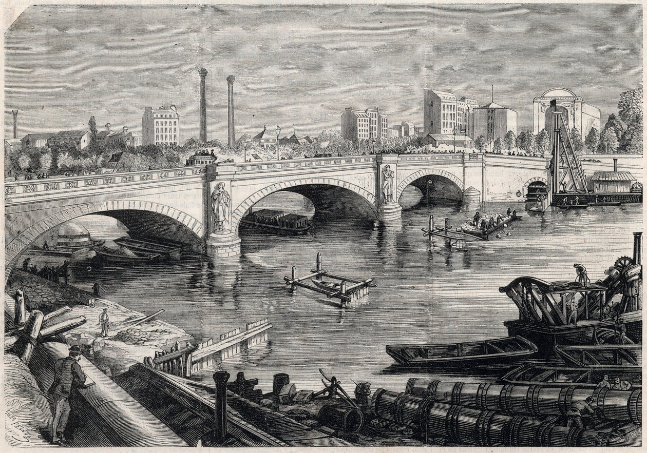 Förvandlingar av Paris under det andra kejsardömet, Haussmann Paris: arbeten utförda framför Alma-bron i Paris för passage av samlarkloaken längst ner på Seine. Teckning av Jules Pelcoq. Gravyr i "" The Illustrous Unive av Jules Pelcoq