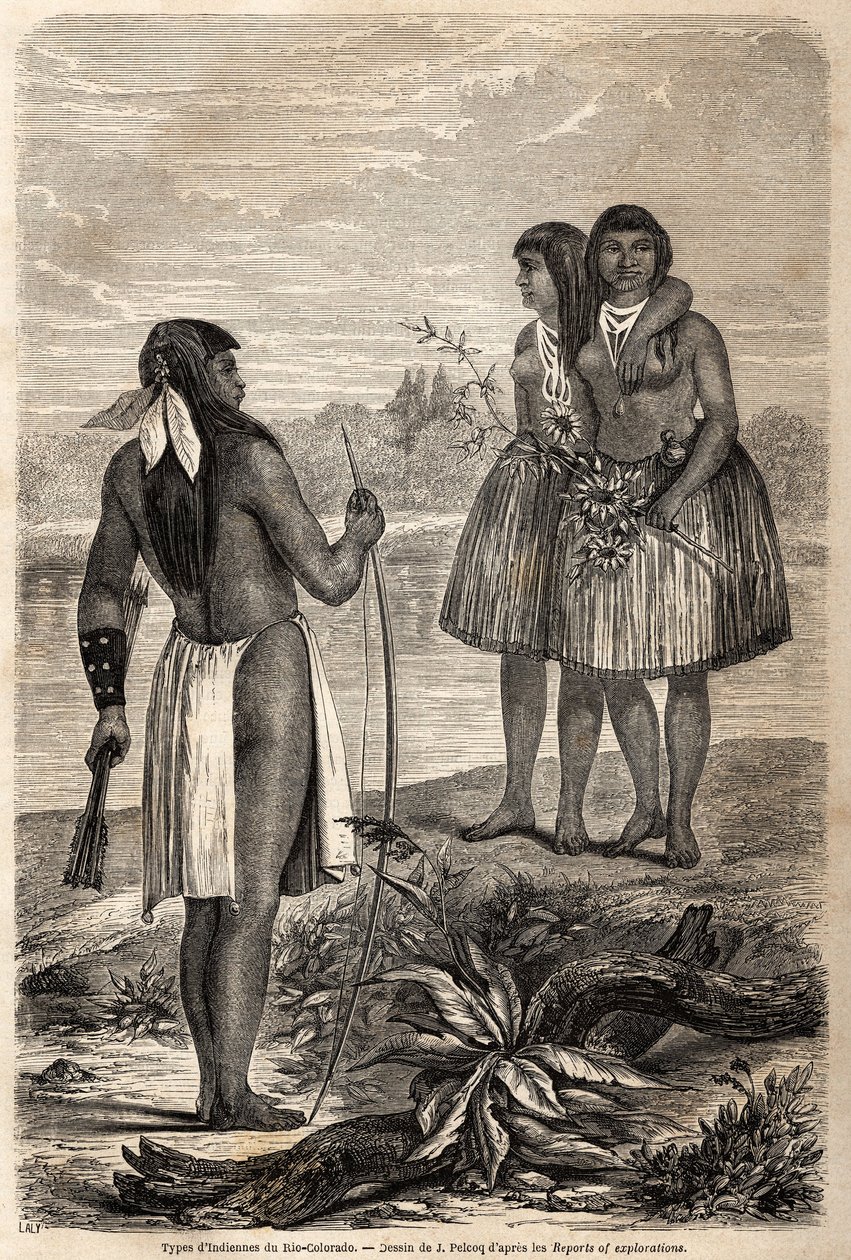 Typ av indian från Rio Colorado, teckning av Jules Pelcoq, för att illustrera historien om Baron de Wogans resa till Kalifornien 1850-1852. Gravyr i "" Le tour du monde, nouveau journal des voyages"" Paris av Jules Pelcoq