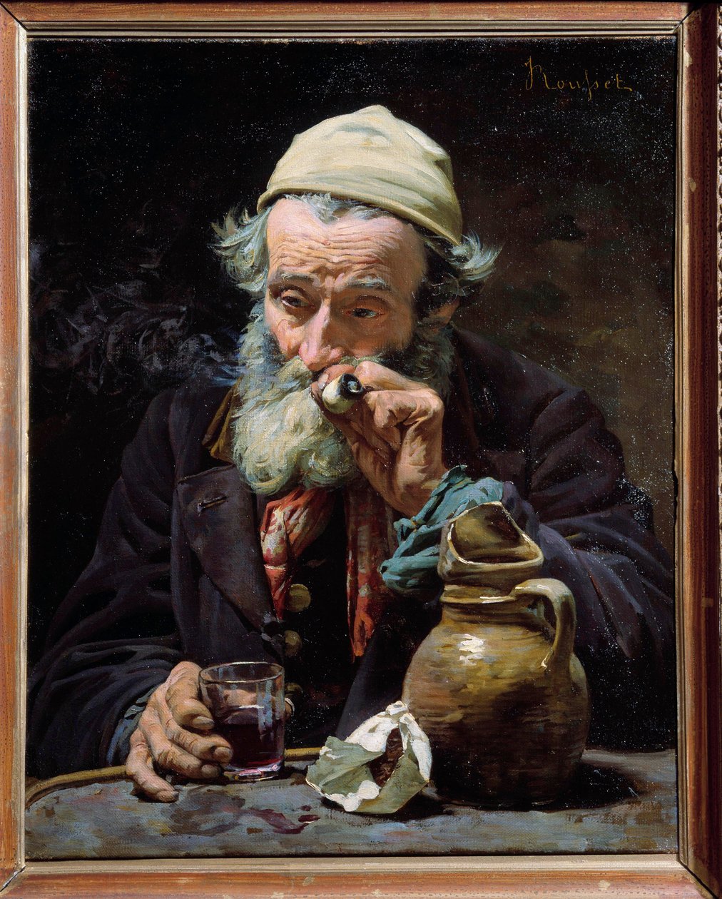 Drickaren En gammal man som röker pipan och dricker ett glas vin. Målning av Jules Rousset (1840-?) 1800-talets Orleans, Museum of Fine Arts av Jules Rousset