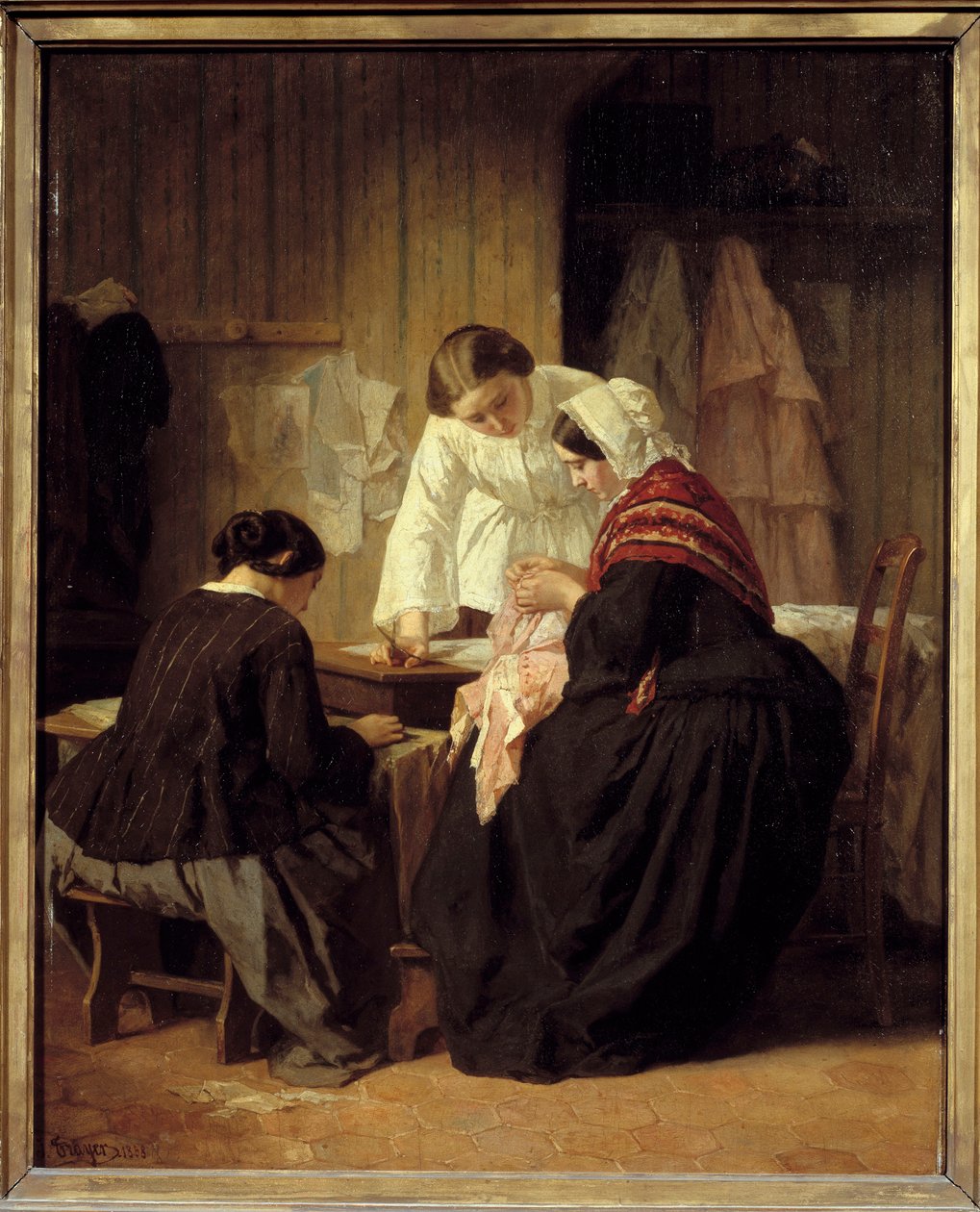 Tre kvinnor syr. Målning av Jules Trayer (1824 - 1909) av Jules Trayer