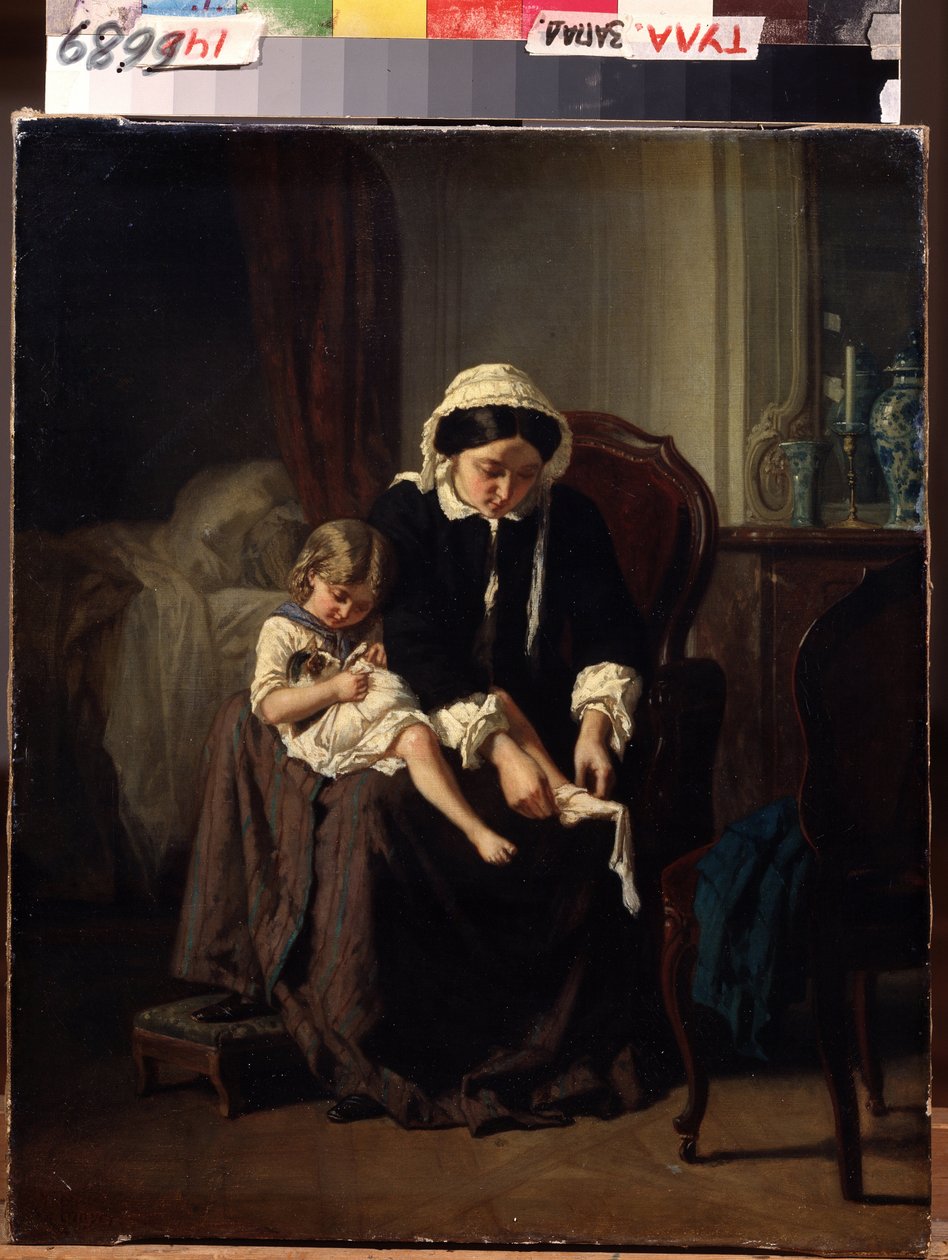 Morgontoaletten (morgontoalett). En mamma (eller tjänare?) hjälper ett barn att klä sig. Målning av Jules Treyer (1824-1908). Olja på duk, 47 x 39 cm av Jules Treyer