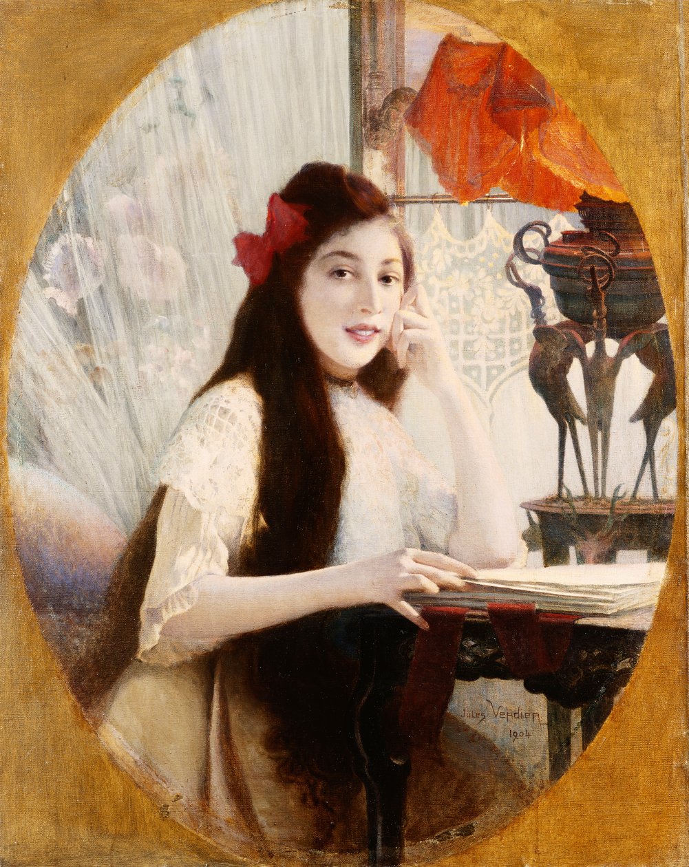 Porträtt av en ung flicka vid ett skrivbord, 1904 av Jules Verdier