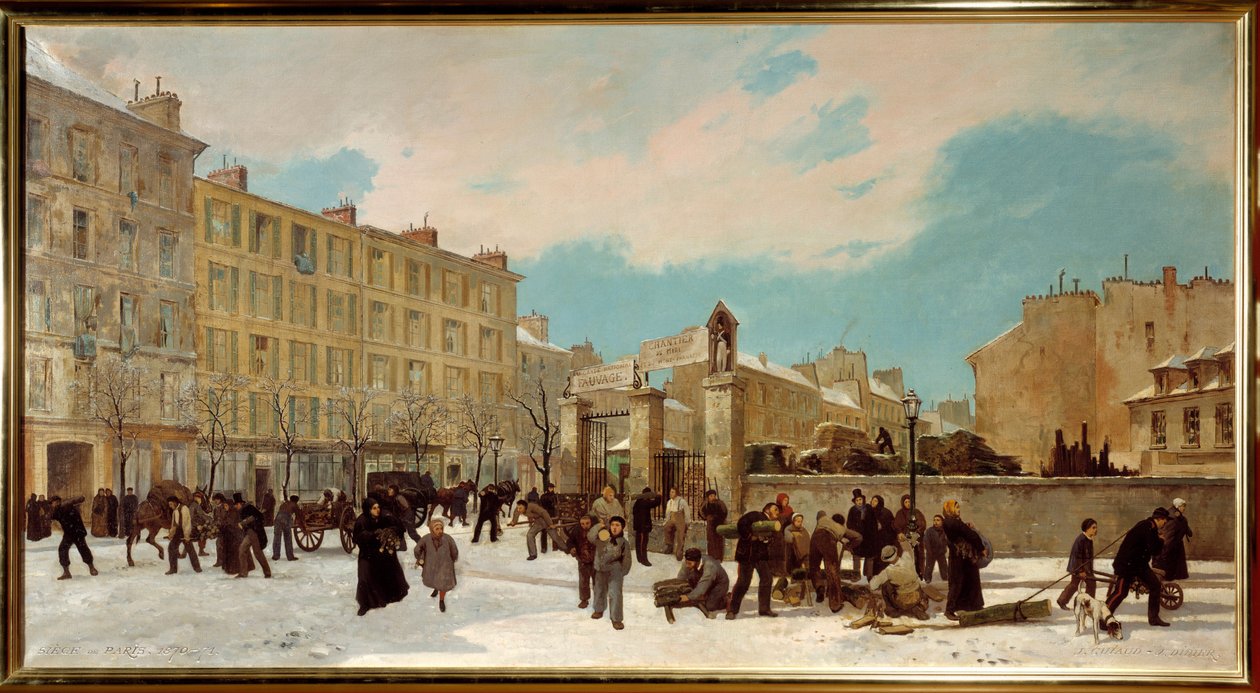 Byggarbetsplats i trä för att bränna boulevard du Montparnasse i januari 1871 - Gatubild i Paris - Målning av Jules Didier (1831-1892) och Jacques Guiaud (1811-1876) av Jules and Guiaud Jacques  Didier