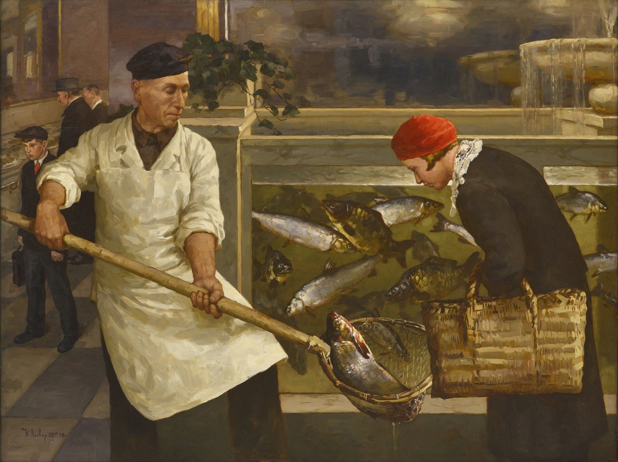 I en fiskaffär av Klever, Juli Julievich, den yngre (1882-1942). Olja på duk, storlek: 130x176 av Juli Julievich the Younger Klever