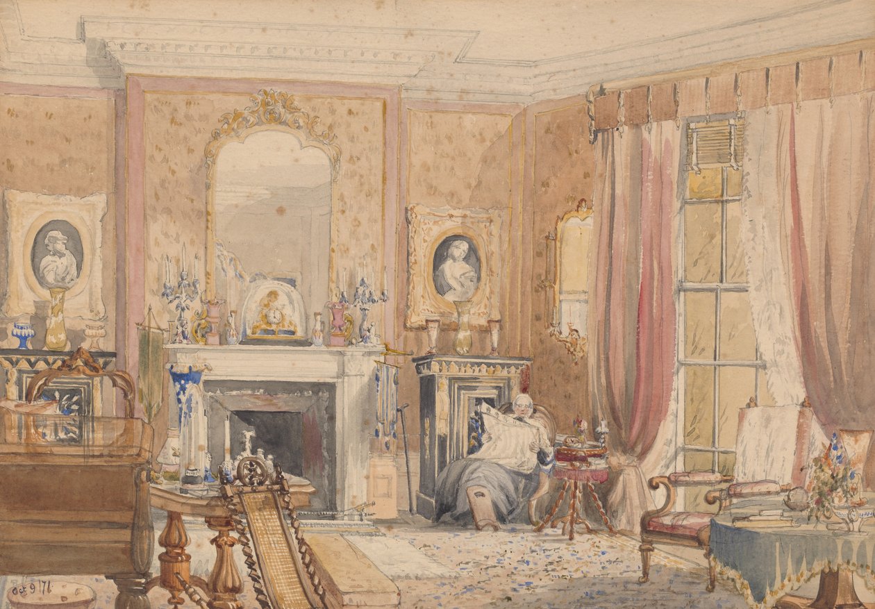 Salongen på Bryn Glas, Monmouthshire, 1871 (wc på papper) av Julia Mackworth