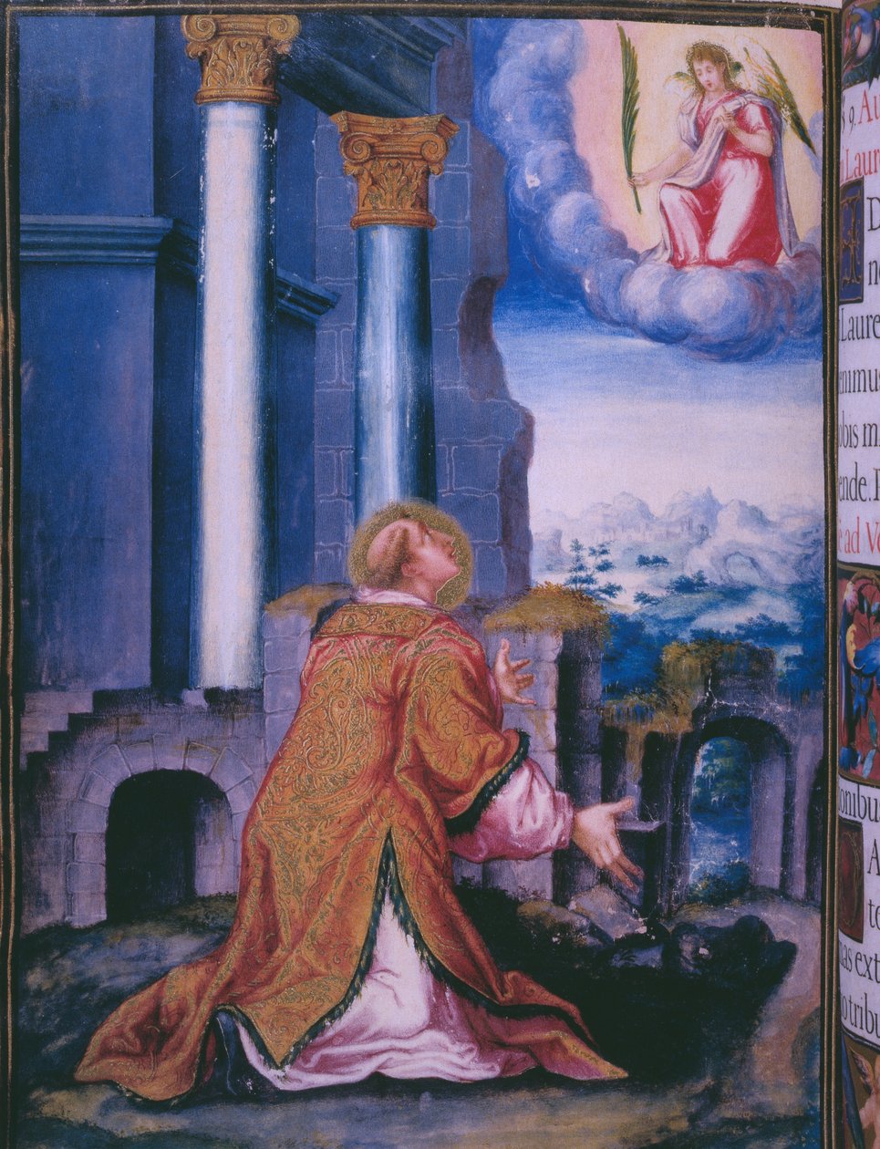 St. Lawrence, som Escorial-klosteret var dedikeret til, fra en faksimile af Breviary of King Philip II of Spain, 1569 (pergament)swed. av Julian and Leon, Andres de Fuente del Saz