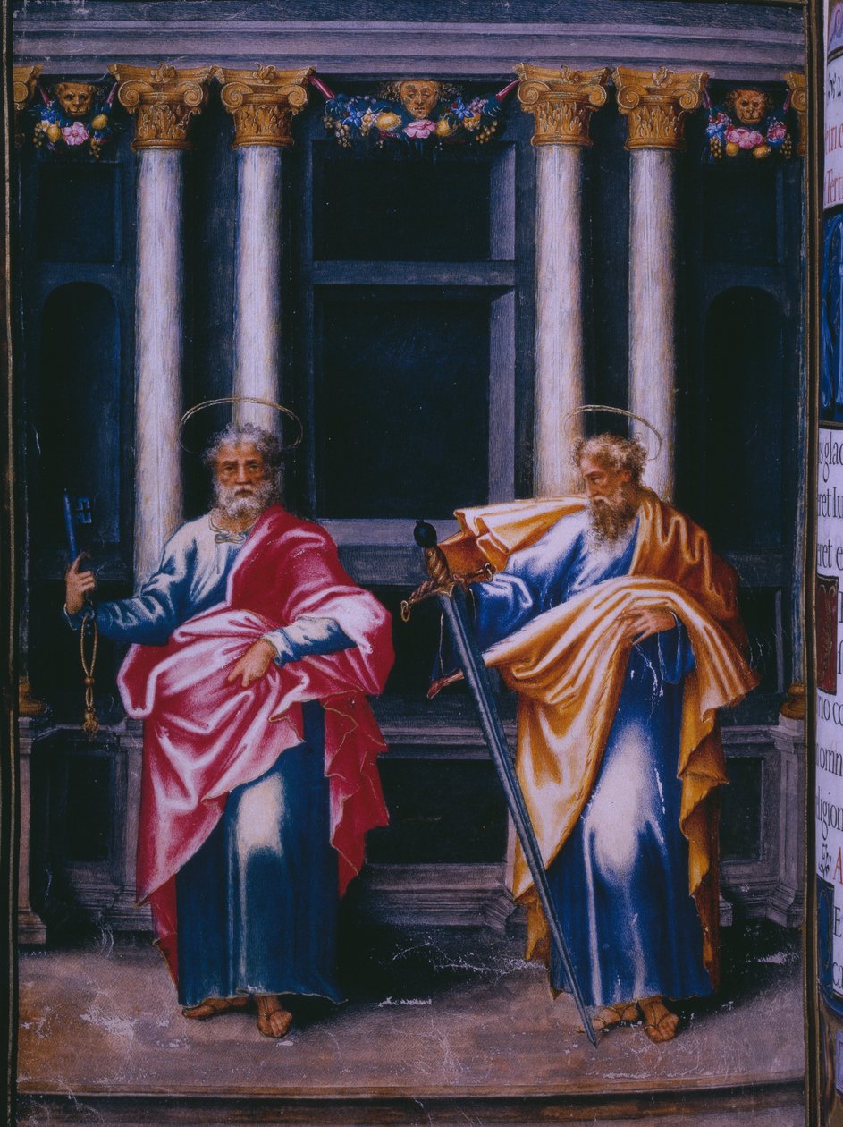 St. Peter och St. Paul, från en faksimil av breviariet av kung Filip II av Spanien, 1569 (pergament) av Julian and Leon, Andres de Fuente del Saz