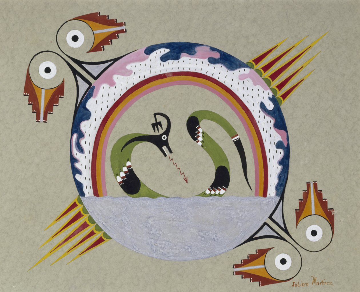 Konventionell design av symboler (Sacred Avanyu), 1930-40 (tempera på papper) av Julian Martinez