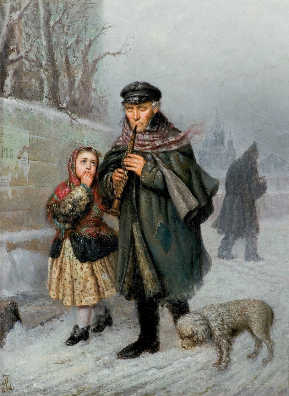 Klarinettist - Gatuscen från S:t Petersburg (tiggande klarinettist med flicka och hund). av Julian Bończa Tomaszewski