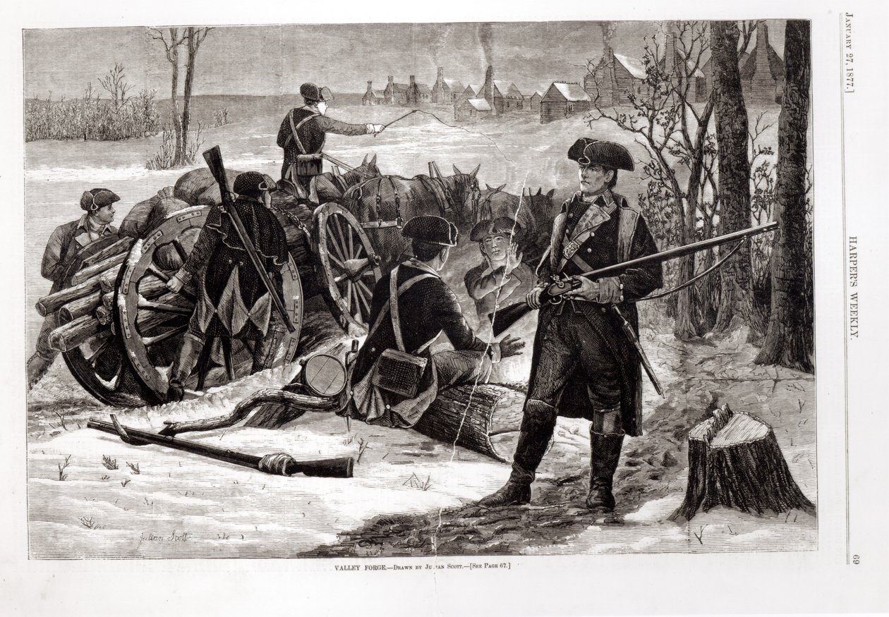 Vinterscen vid Continental Army Encampment i Valley Forge, Pennsylvania, 1780, från 