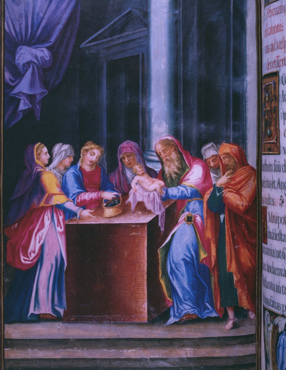 Presentation i templet, från en faksimil av breviariet av kung Filip II av Spanien, 1569 (pergament) av Julian and Leon, Andres de Fuente del Saz