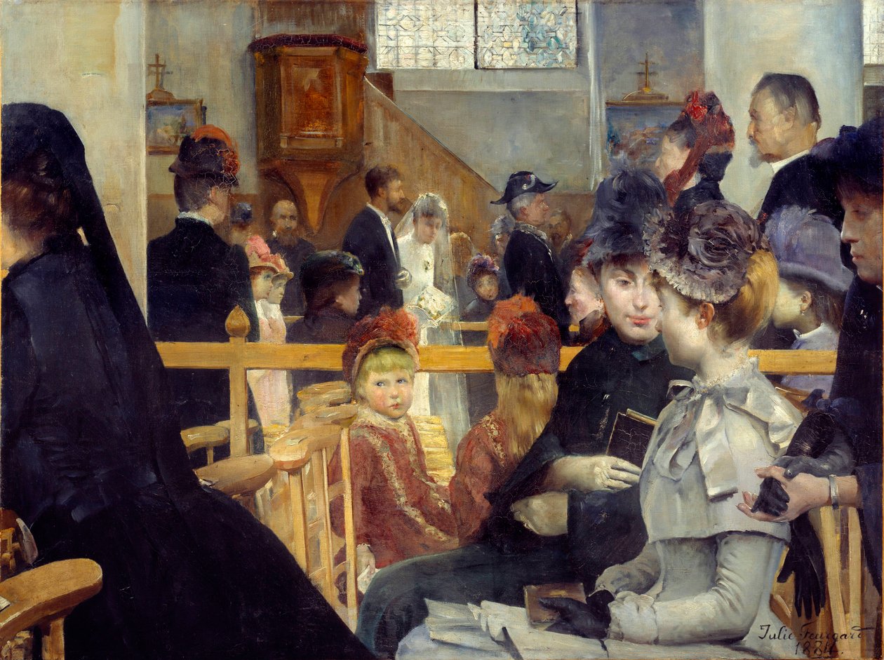 Bröllopsceremoni bröllop i en kyrka. Målning av Julie Delance Feurgard (1859-1892) 1884 Brest, Museum of Fine Arts av Julie Delance Feurgard