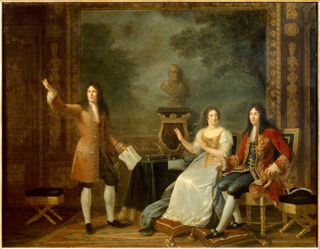 Jean Racine (1639-1699) läser "" Athalie"" före Ludvig XIV (1638-1715) och Francoise d