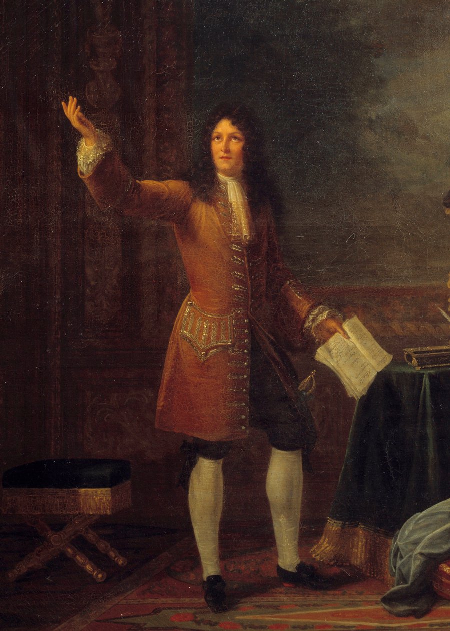 Jean Racine (1639-1699) läser sin pjäs inför kungen av Frankrike. Detalj av målningen "" Jean Racine (1639-1699) läser "" Athalie"" före Ludvig XIV (1638-1715) och Francoise d