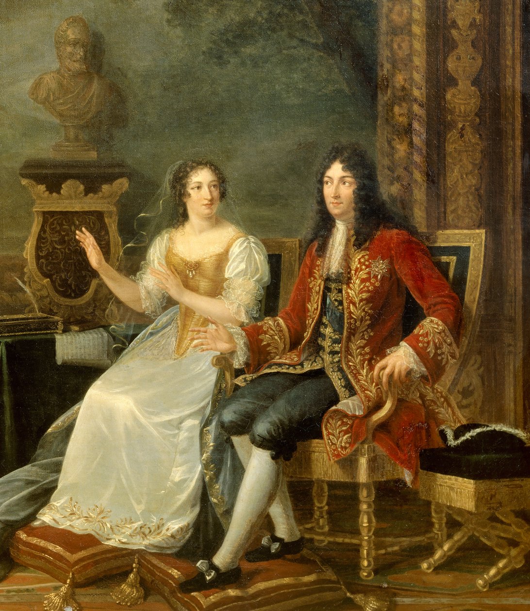 Kung av Frankrike Ludvig XIV med Madame de Maintenon. Detalj av målningen "" Jean Racine (1639-1699) läser "" Athalie"" före Ludvig XIV (1638-1715) och Francoise d