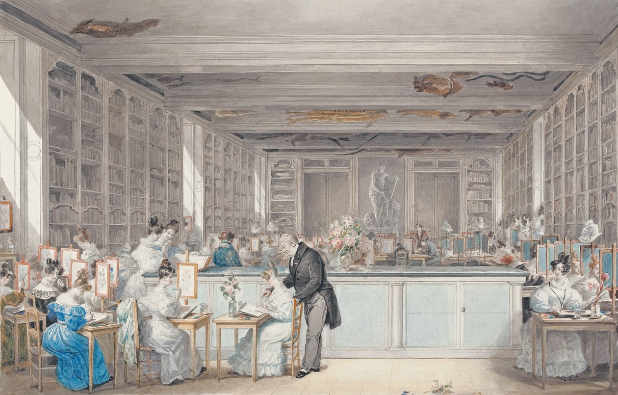 Pierre-Joseph Redoutés skola för botanisk teckning i Salle Buffon i Jardin des Plantes, 1830 (wc och grafit på papper) av Julie Ribault