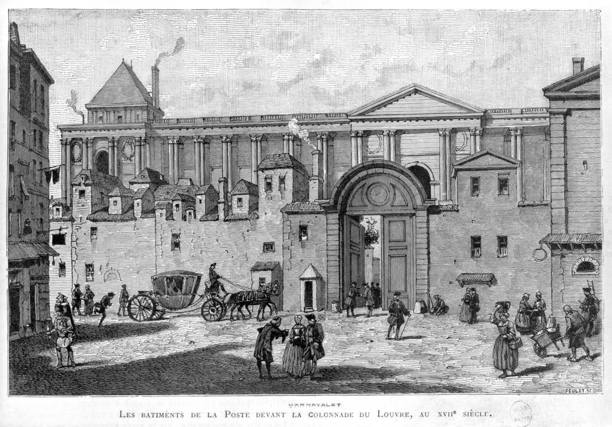 Paris postkontor framför Louvrens pelargång på 1600-talet av Julien Antoine Peulot