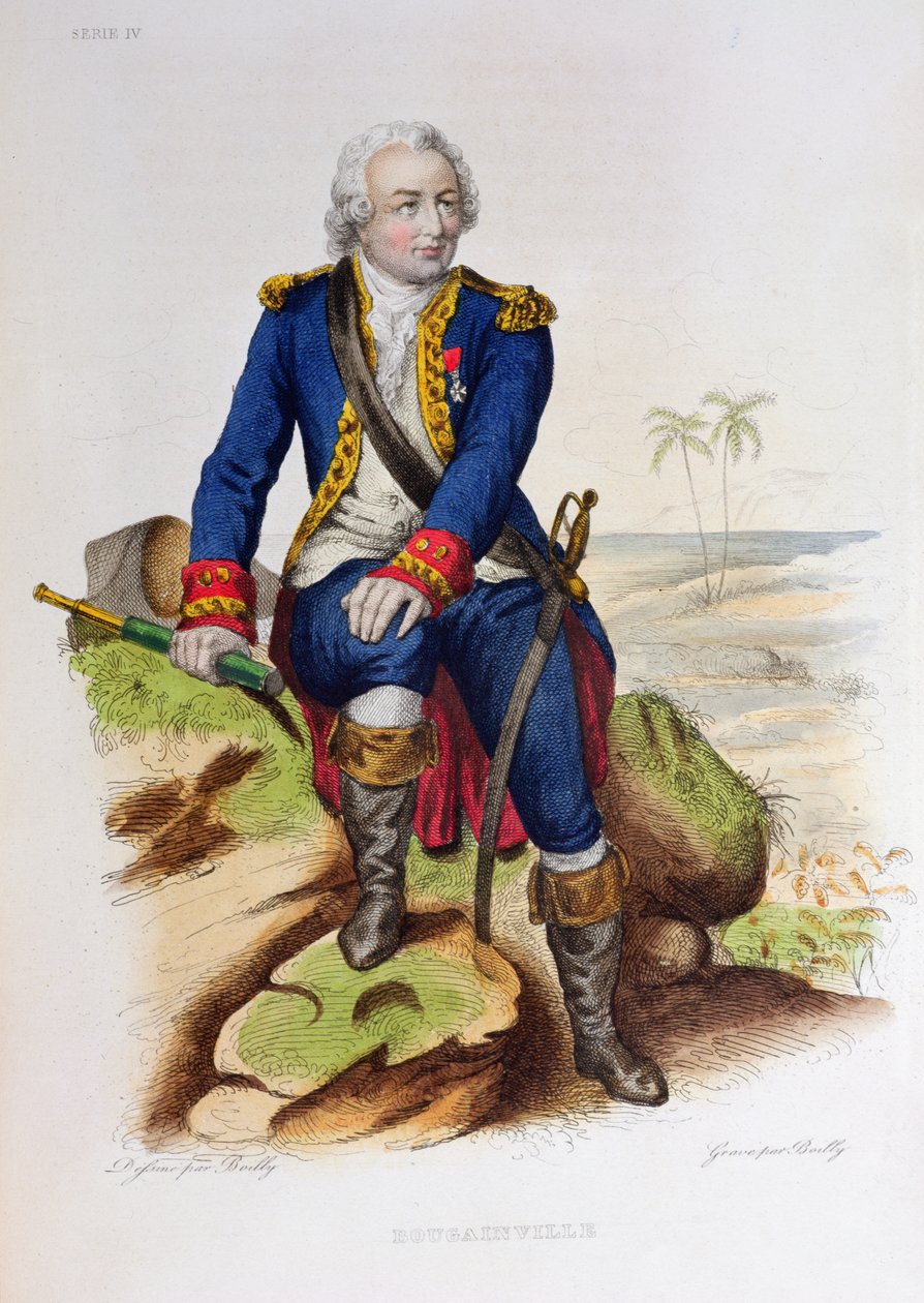Louis Antoine de Bougainville (1729-1811) sittande på en klippa, illustration från 