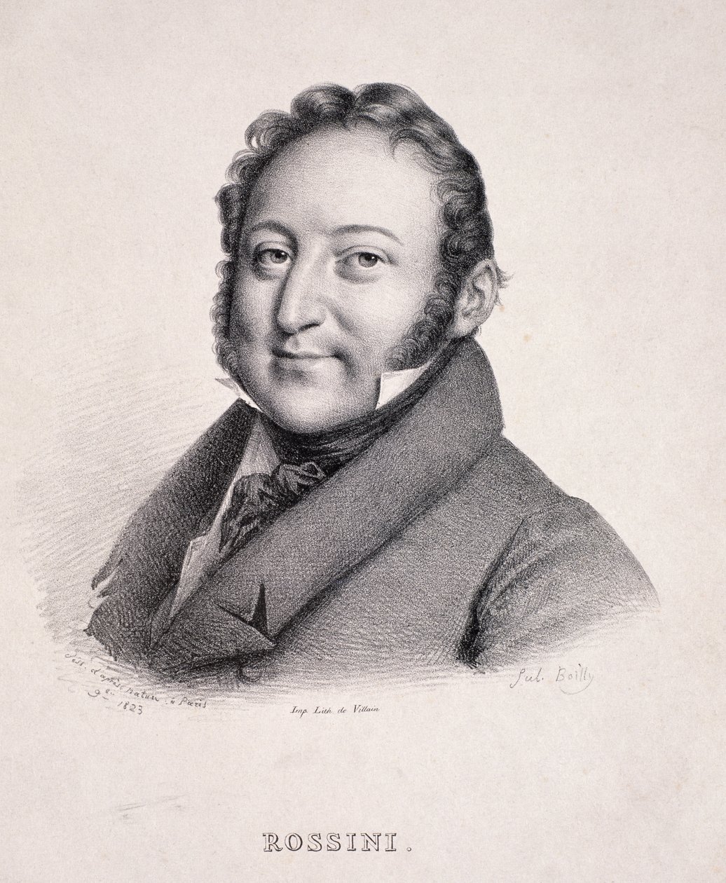 Porträtt av Gioacchino Rossini (1792-1868) graverad av Villain, 1823 av Julien Leopold Boilly